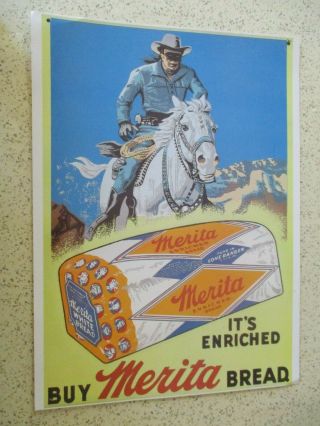 Vintage " Merita Bread " Window Sign,  14 " X 10.  5 ",  Card Stock,  Lone Ranger,  Vg