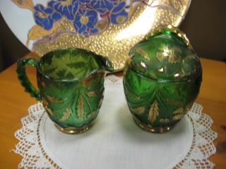 Bavarian Green/gilt Cut Glass Creamer,  Sugar Set,  Embossed Gold Leaf Pattern
