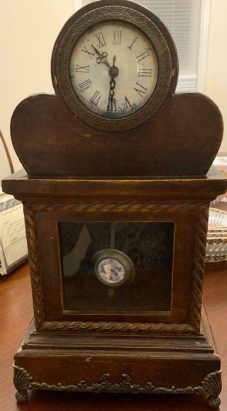 Vintage Table Mantel Wooden Mini Grandfathers Clock Lion Accent Pendulum
