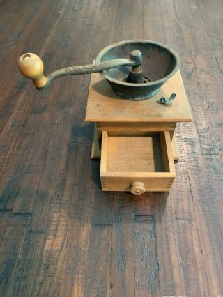 Vintage Wood Cast Iron Hand Crank Coffee Mill Grinder Dovetail Box Drawer 2