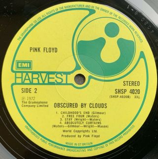 PINK FLOYD Obscured By Clouds VINYL LP Orig 1972 1st Pressing UK PROMO Harvest 3