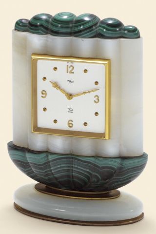 1940’s Imhof Gadrooned Agate And Malachite Deco Swiss 8 - Day 15 Jewel Desk Clock
