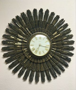 Syroco 1969 Mid Century Modern 22 " Black Gold Starburst,  Sunburst Wall Clock