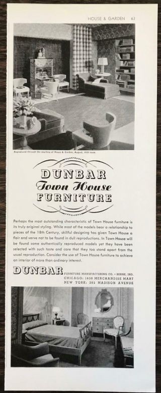 1939 Dunbar Town House Furniture Print Ad Living Room & Bedroom Decor Images