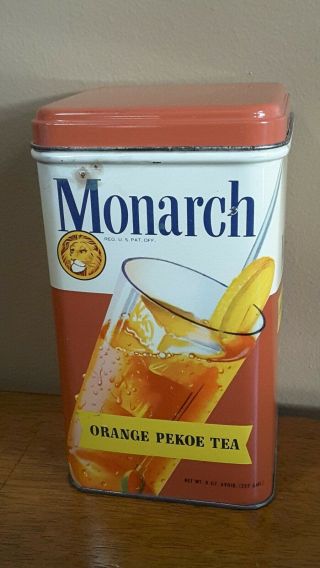 Antique Monarch Tea Tin Orange Pekoe 8oz Lion Logo 2