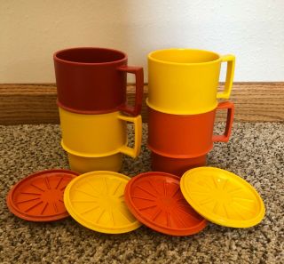 Vintage Tupperware Coffee Mugs With Lids Harvest Colors Set Of 4