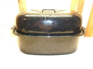 Vintage Enamelware Roaster Speckled Dark Blue Roasting Pan With Lid 19 X 13