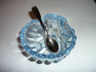 Vintage Pale Moonlight Blue Glass Clam Shell Open Salt Cellar Dip Dish W/spoon