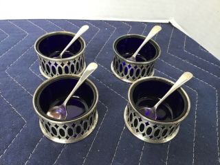 Set Of 4 Vintage Cobalt Blue Glass Open Salts With Silverplate Holders & Spoons