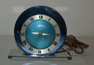 Vintage Art Deco Blue Glass And Chrome Electric Clock By Warren Telechron