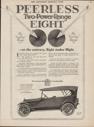 1919 Peerless Motor Car Co.  Cleveland Oh Ohio Two - Power - Range Eight Auto Ad