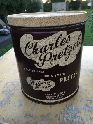 Vintage Charles Chips 1 - 1/2 Lb Pretzel Tin Can Mountville Pa And Calhoun,  Ky