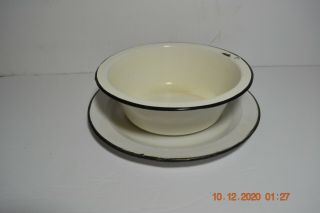 Two Vintage Country Enamelware White With Black Trim Bowl And Plate