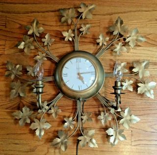 Vintage Mid Century United 920 Electric Wall Clock Starburst Leaf W/ Lights