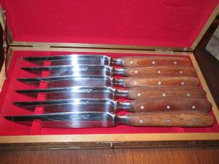 Vintage Steak Knife Set In Zebra Wood Case Coast Cutlery Co Stainless Steel Wood