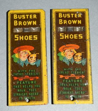 Two Vintage Buster Brown Shoes Tin Advertising Whistles