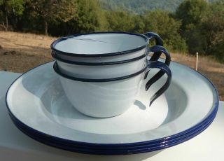 Vintage Ker Sweden White W/cobalt Blue Enamelware 4 Soup Bowls & 3 Large Cups
