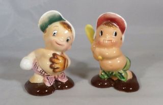 Vintage Salt/pepper Shakers Little Boy Baseball Players Ceramic Japan 2.  5 " Cute