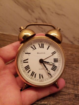 ☆nice☆ Vintage Bulova Two Bell Wind Up Alarm Clock Brass Germany ☆free Shipping☆