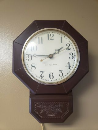 Vintage General Electric Kitchen Wall Clock Plug - In Brown W Flowers Model 2128a