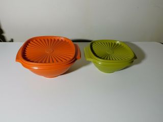 2 Tupperware Servalier Bowls 838 & 840 Harvest Green And Harvest Orange With L