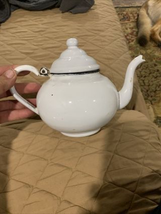 Vintage White Enamel Ware Tea Pot Kettle Teapot