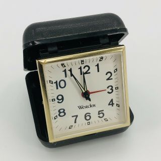 Vintage Westclox Folding Clam Shell Travel Alarm Clock Black Case