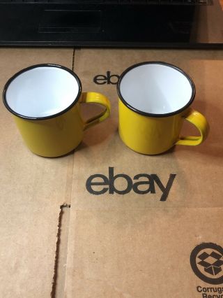 Set Of 2 Vintage Enamel Ware Cups Mugs Black Trim Repainted Yellow