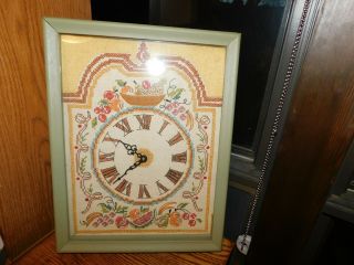 Embroidered Fruit Mantle Or Wall Clock Vintage Hand Sewn Cross Stitch Sampler