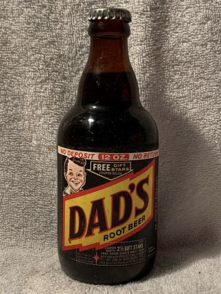 Rare Full 12oz Dad’s Root Beer No Deposit Paper Label Amber Soda Bottle