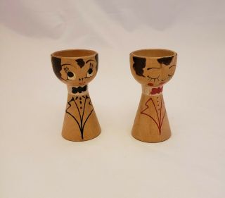 Vintage Bride & Groom Man & Woman Hand Painted Couple Wood Egg Cups Japan 1950s
