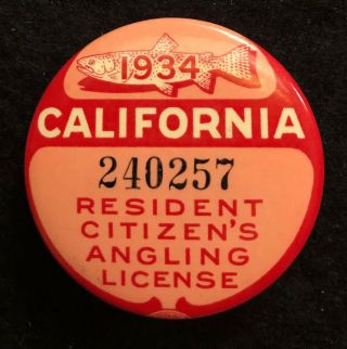 California 1934 Resident Citizen’s Angling License For Fishing Pinback Button.