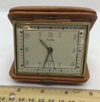 Vintage Florn Travel Alarm Clock Made In Germany Brown Case