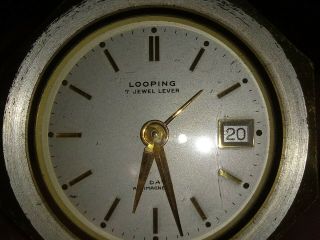 Vintage Looping 7 Jewel Lever Travel Alarm Clock w/Date Brass Case 2