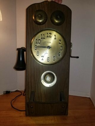 Vintage United Clock Co.  Antique Wooden Crank Telephone Electric Wall Clock Wor