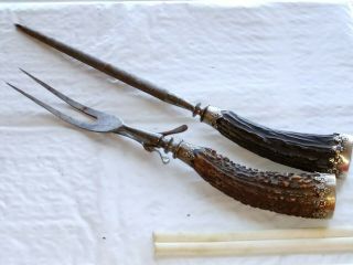 Antique Stag Antler Handle Sterling Silver Carving Fork And Sharpener