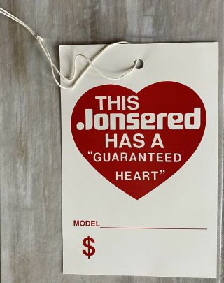 VINTAGE JONSEREDS CHAINSAW CARDBOARD HANGING SIGN AND PRODUCT TAG 3