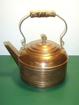 Vintage Rustic Copper Tea Kettle W/ Lid & Wood Bail Handle