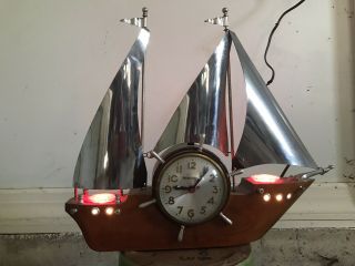 1950’s Master Crafters Flying Cloud Ship Nautical Walnut Clock Tv Lights,  As - Is