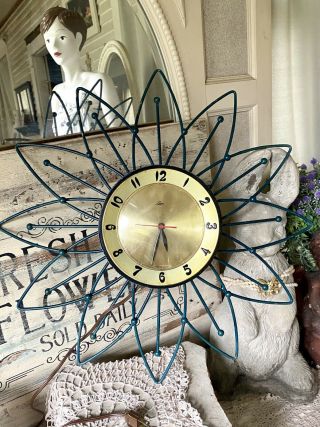 Cool Vtg Lux Atomic Starburst Green Sunflower Mid Century Electric Clock