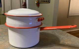Vintage Enamelware Red And White Double Boiler Pot With Lid Knob Handle