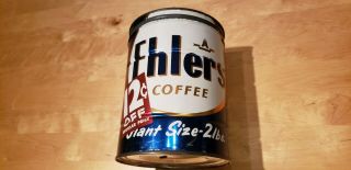 VINTAGE EHLERS 2 LB COFFEE CAN TIN KEY WIND,  WITH LID 2