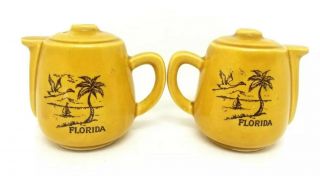Vintage Yellow Florida Souvenir Salt & Pepper Shakers Fl Teapots Palm Tree Geese