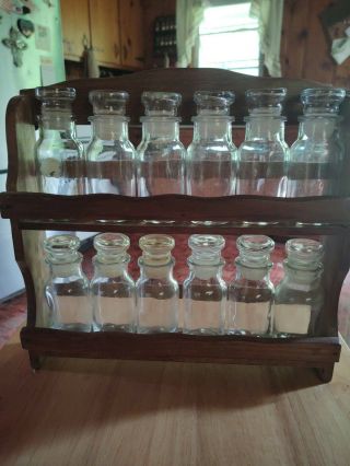 Vintage Wooden 2 Tier Spice Rack With 12 Spice Bottles