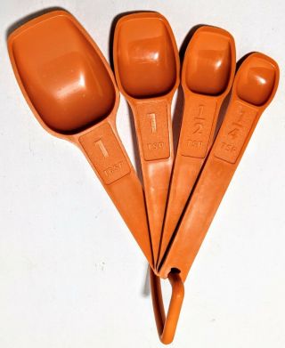 Set Of 4 Vintage Burnt Orange Tupperware Measuring Spoons With Ring