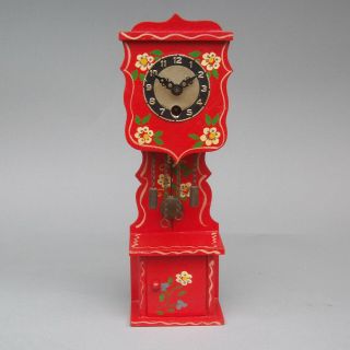 Vintage Germany Red Painted Wood Wind - Up Pendulette Miniature Grandfather Clock