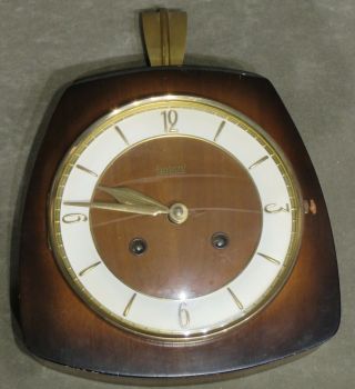 Vintage Art Deco Wood & Brass Wall Clock & Key By Garant Made In Germany