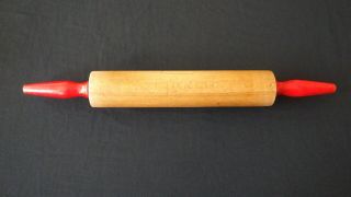 Vintage Rolling Pin Red Handle Wood Rustic Retro Farmhouse Kitchen Decor