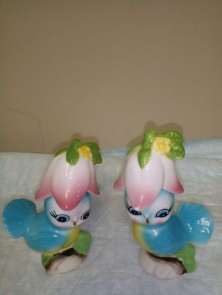 Anthropomorphic Blue Birds With Flower Hats Salt And Pepper Shakers Japan