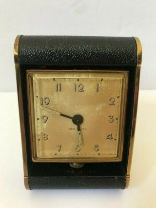 Vintage Haven Travel Clock Black Gold Brass Leather Case Bakelite ?